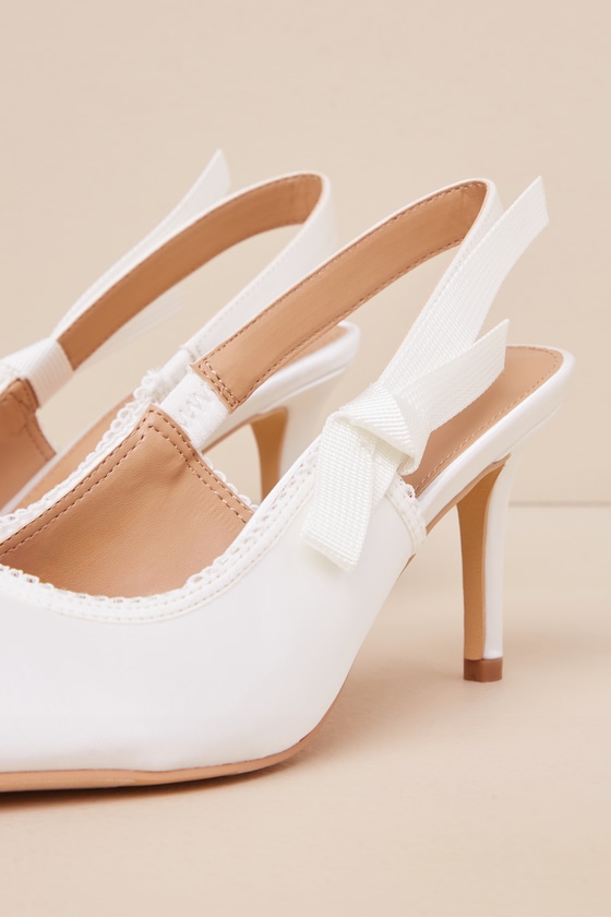 Lulus Ancolie White Satin Bow Pointed-toe Slingback Pumps In White