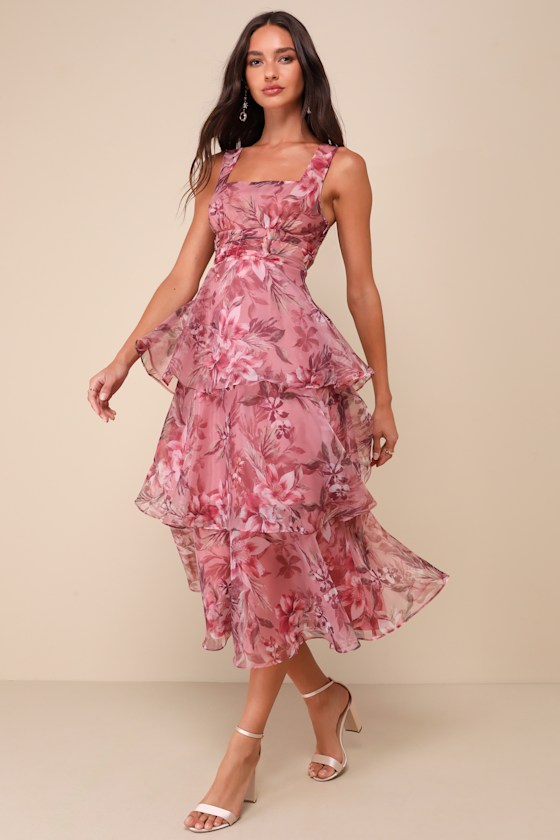 Shop Lulus Dramatic Glamour Mauve Floral Organza Tiered Midi Dress