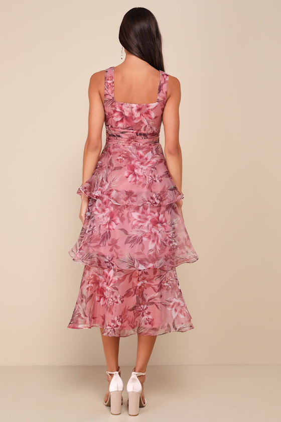 Shop Lulus Dramatic Glamour Mauve Floral Organza Tiered Midi Dress