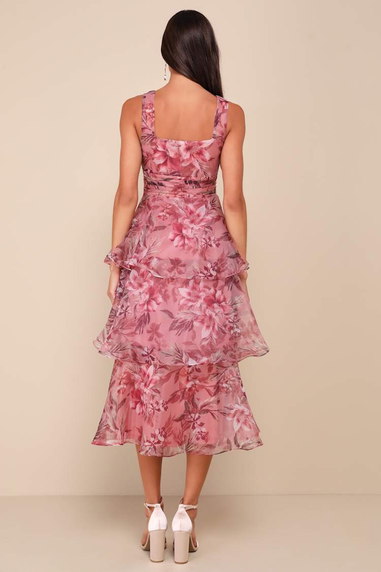 Dramatic Glamour Mauve Floral Organza Tiered Midi Dress