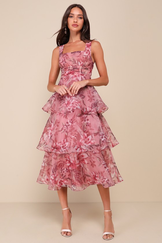 Shop Lulus Dramatic Glamour Mauve Floral Organza Tiered Midi Dress