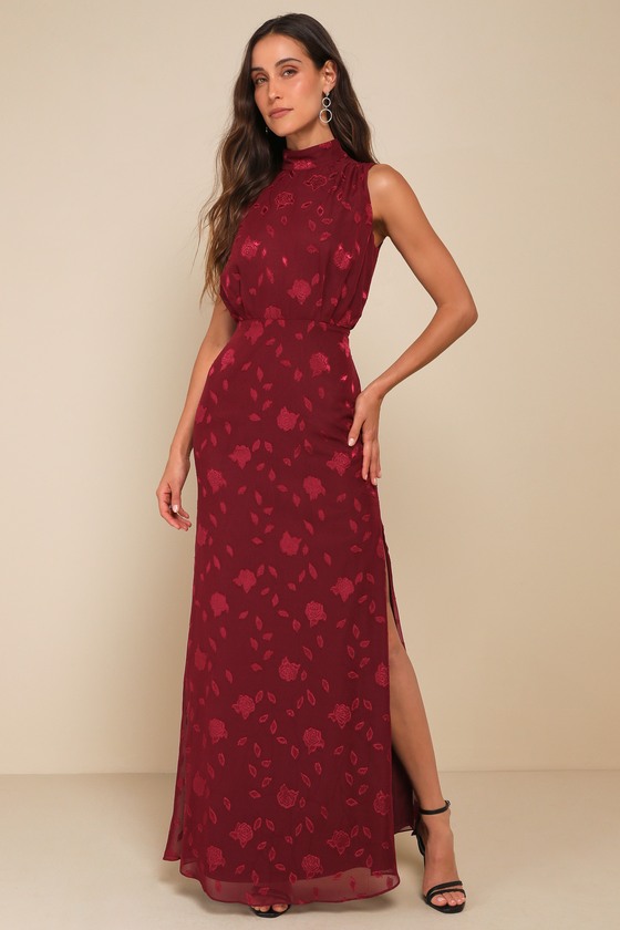 【LOULOUSEOUL】Check Flower Slim Long Dress (burgundy) Blush Pink Dress - Floral Print Dress - Surplice Maxi Dress
