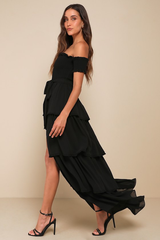 Lulus Stunning Poise Black Off-the-shoulder Smocked Tiered Maxi Dress In Black