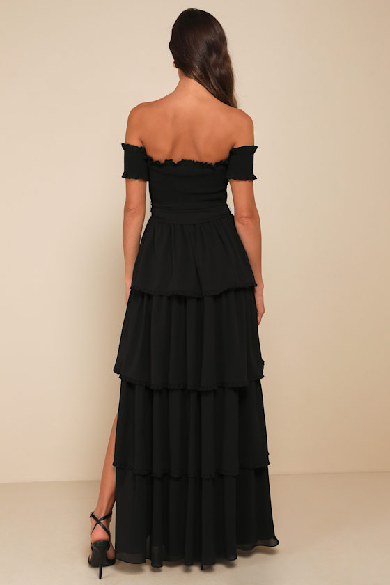 Lulus Stunning Poise Black Off-the-shoulder Smocked Tiered Maxi Dress In Black
