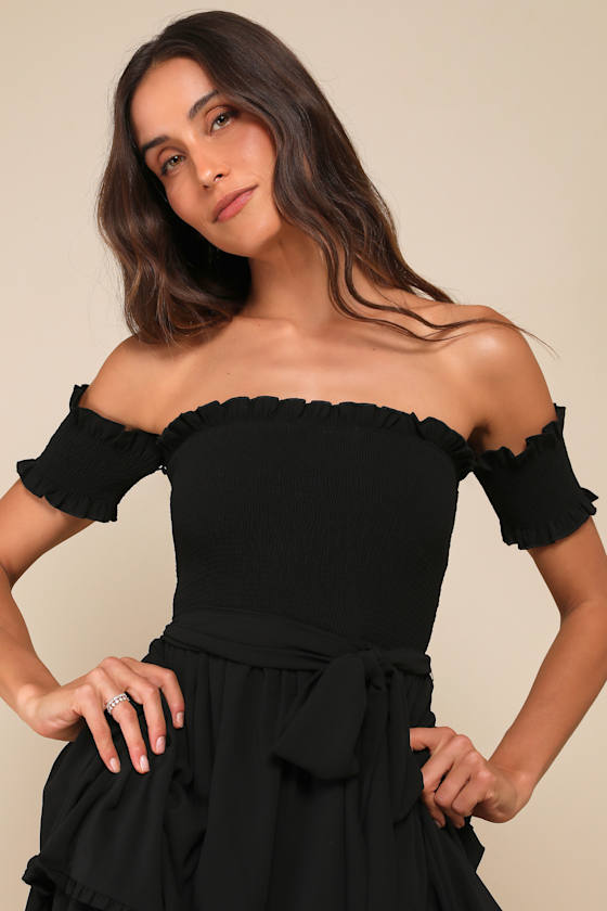 Lulus Stunning Poise Black Off-the-shoulder Smocked Tiered Maxi Dress In Black
