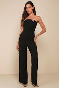 Deeply Sophisticated Black Strapless Wide-Leg Jumpsuit