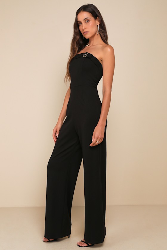 Lulus Deeply Sophisticated Black Strapless Wide-leg Jumpsuit In Black