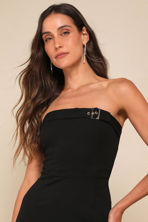 Lulus Deeply Sophisticated Black Strapless Wide-leg Jumpsuit In Black