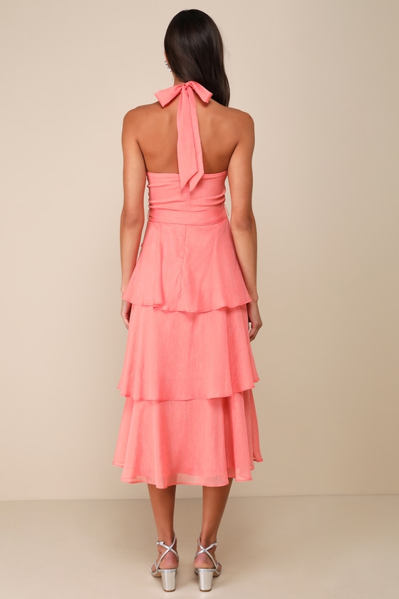 Sunny Darling Coral Pink Tiered Mock Neck Halter Midi Dress 2