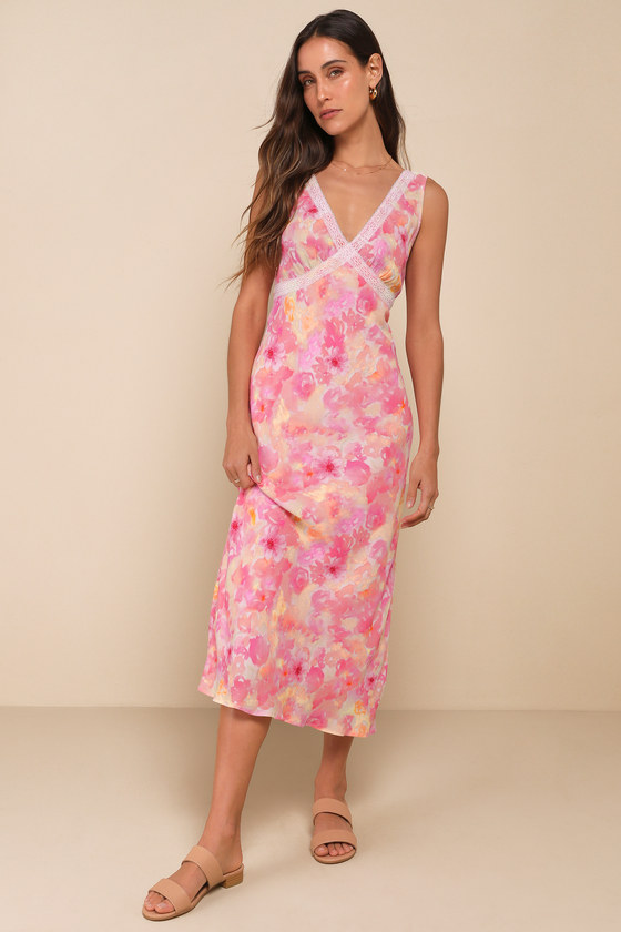 Pink Multi Floral Dress - Lace-Trimmed Dress - V-Neck Midi Dress - Lulus