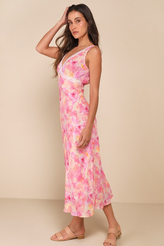 Lulus Picture-perfect Days Pink Multi Floral Lace V-neck Midi Dress In Pink