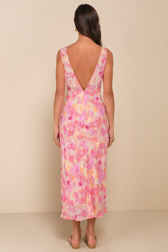 Pink Multi Floral Dress - Lace-Trimmed Dress - V-Neck Midi Dress - Lulus