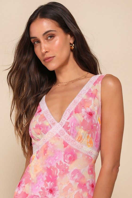 Lulus Picture-perfect Days Pink Multi Floral Lace V-neck Midi Dress In Pink