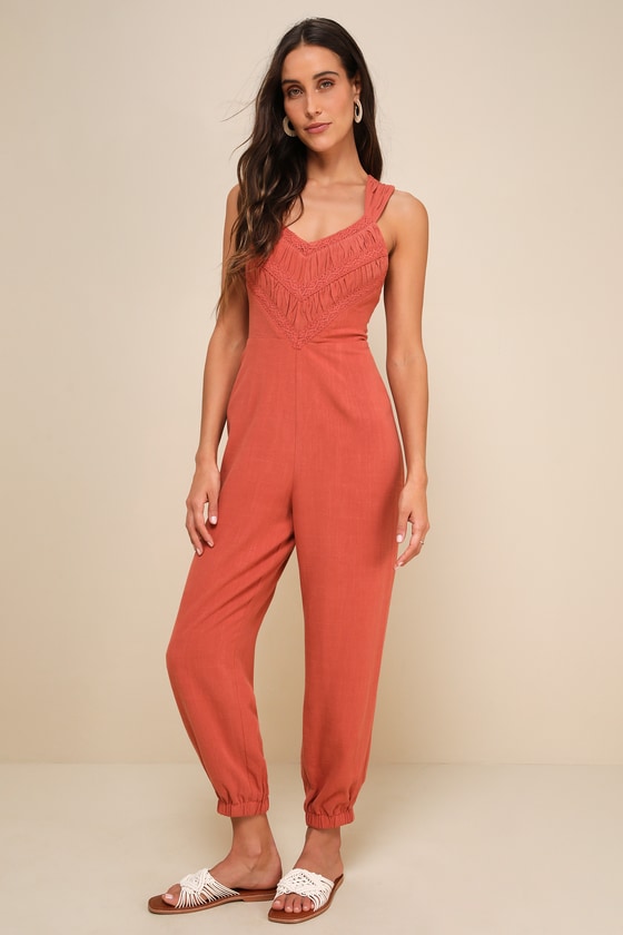 LULUS DISTINCTLY TRENDY TERRACOTTA LINEN BACKLESS JOGGER JUMPSUIT