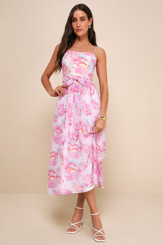 Lulus Sweetheart Status Pink Floral Sleeveless A-line Midi Dress In Pink