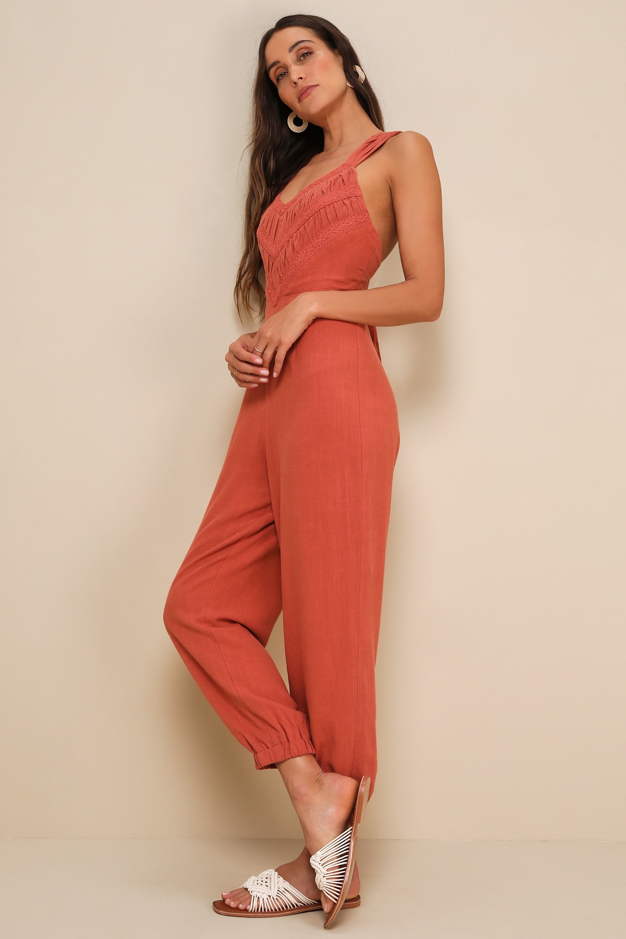 Distinctly Trendy Terracotta Linen Backless Jogger Jumpsuit