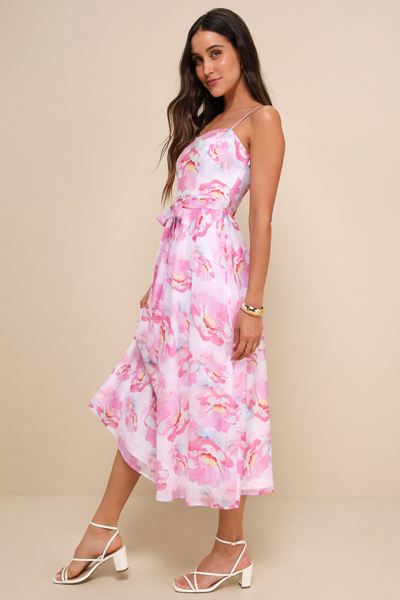 Lulus Sweetheart Status Pink Floral Sleeveless A-line Midi Dress In Pink
