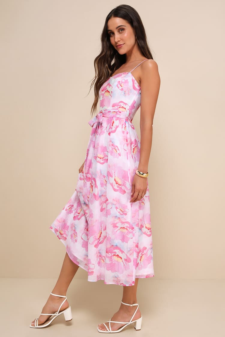 Pink Floral Dress - Sleeveless A-Line Dress - Sash Midi Dress - Lulus