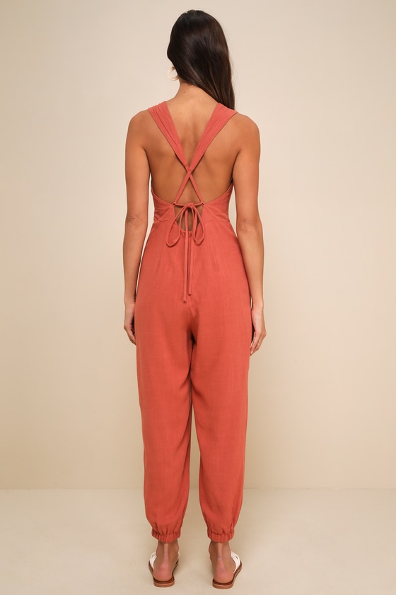 LULUS DISTINCTLY TRENDY TERRACOTTA LINEN BACKLESS JOGGER JUMPSUIT