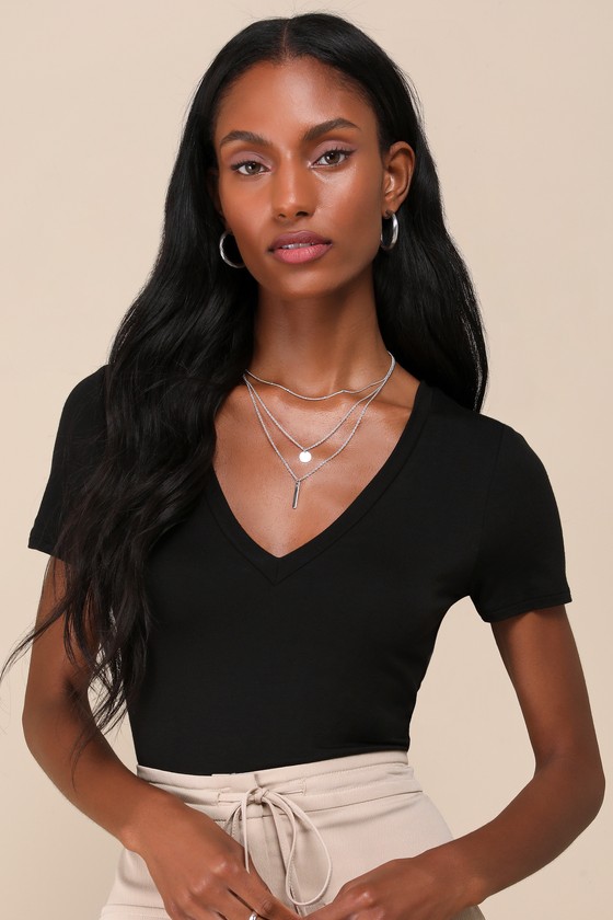 Black Short Sleeve Bodysuit - V-Neck Bodysuit - Black Bodysuit - Lulus