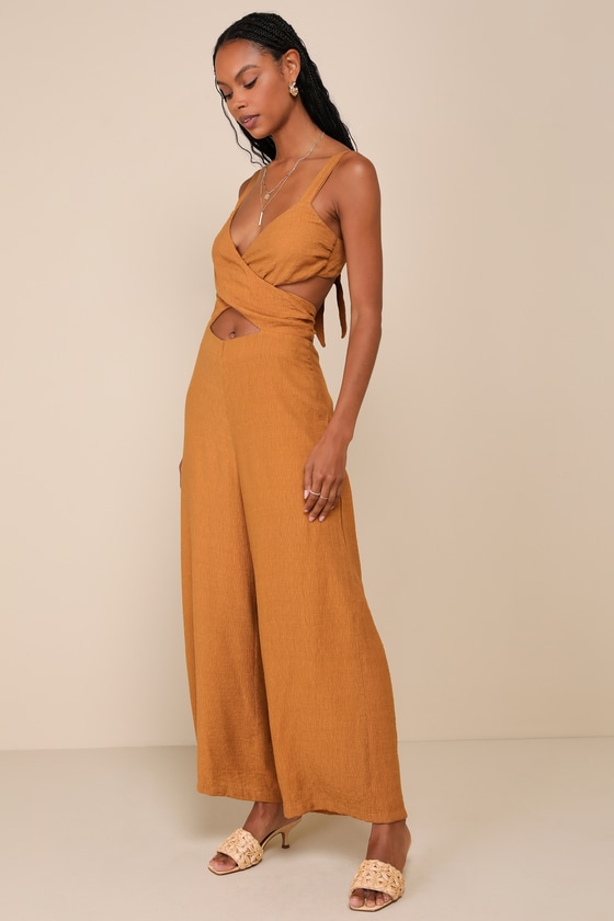 Chic Sunshine Light Brown Cross-Front Tie-Back Wide-Leg Jumpsuit