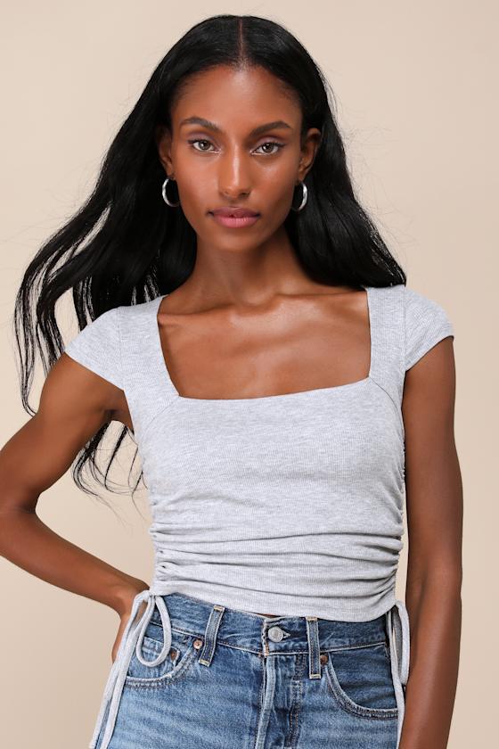 Heather Grey Top - Cap Sleeve Top - Drawstring Top - Crop Top - Lulus