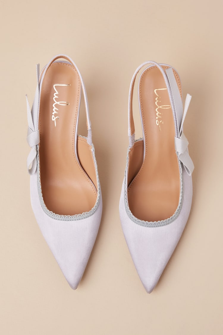 Ancolie Silver Satin Bow Pointed-Toe Slingback Pumps