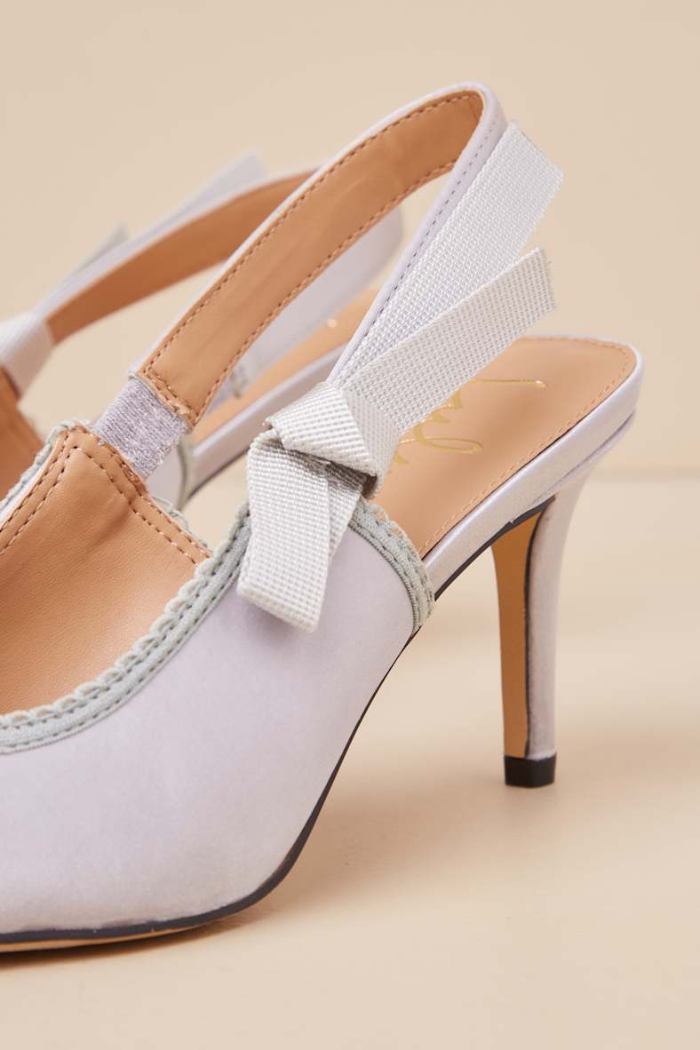 Ancolie Silver Satin Bow Pointed-Toe Slingback Pumps