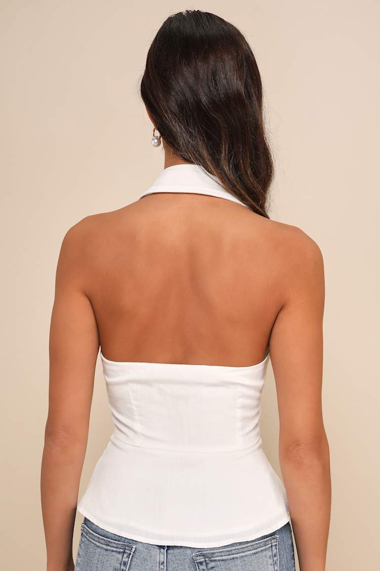 Sophisticated Summer Ivory Button-Up Collared Vest Halter Top