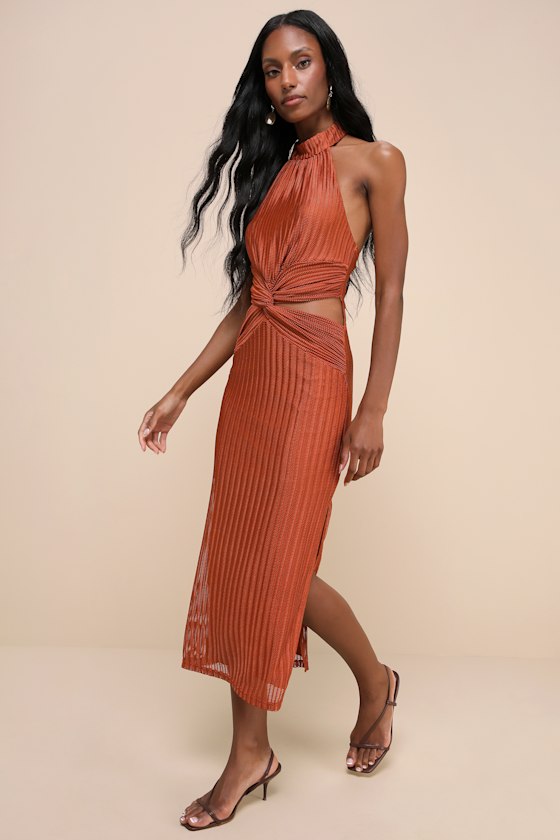 LULUS POISED ATTITUDE RUST ORANGE HALTER CUTOUT TWIST-FRONT MIDI DRESS