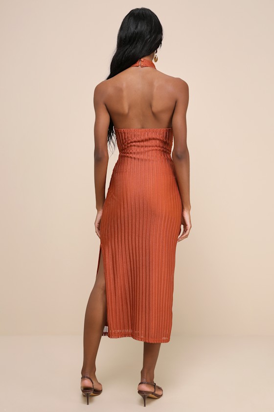 LULUS POISED ATTITUDE RUST ORANGE HALTER CUTOUT TWIST-FRONT MIDI DRESS