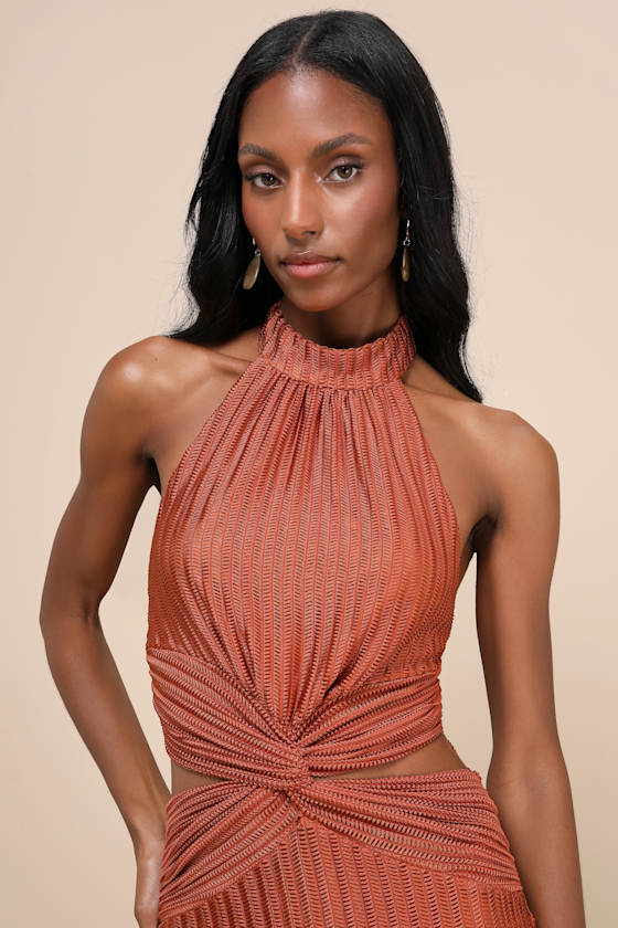 LULUS POISED ATTITUDE RUST ORANGE HALTER CUTOUT TWIST-FRONT MIDI DRESS