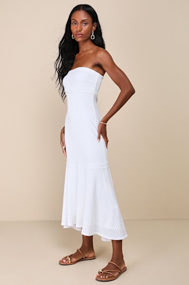 White Textured Midi Dress Strapless Midi Dress White Dress Lulus