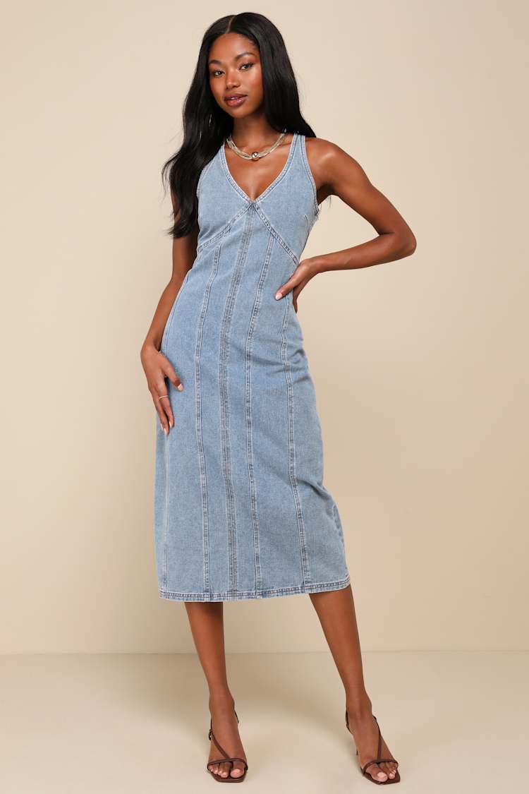 white christmas dresses Sleeveless Tencel Denim Dress, Middle Blue / Xs