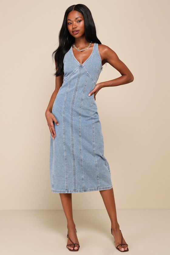 Covetable Sweetie Medium Wash Denim Sleeveless Midi Dress 1