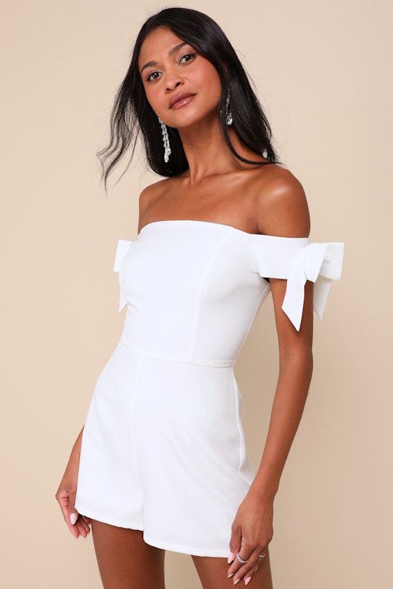 Ideally Sweet White Off-the-Shoulder Bow Romper 1