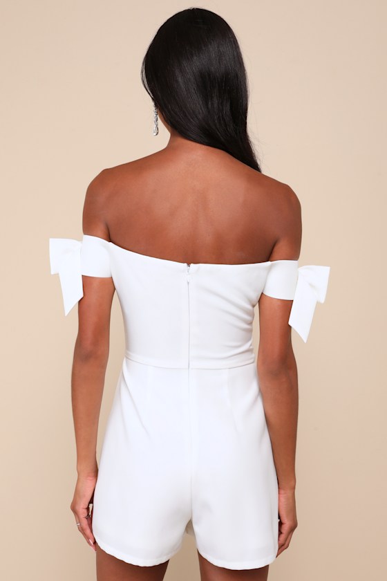 Lulus Ideally Sweet White Off-the-shoulder Bow Romper In White