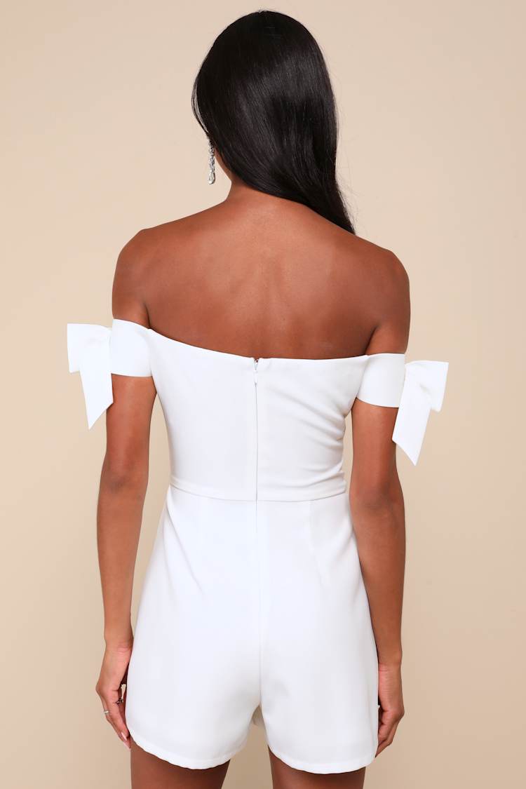 Ideally Sweet White Off-the-Shoulder Bow Romper