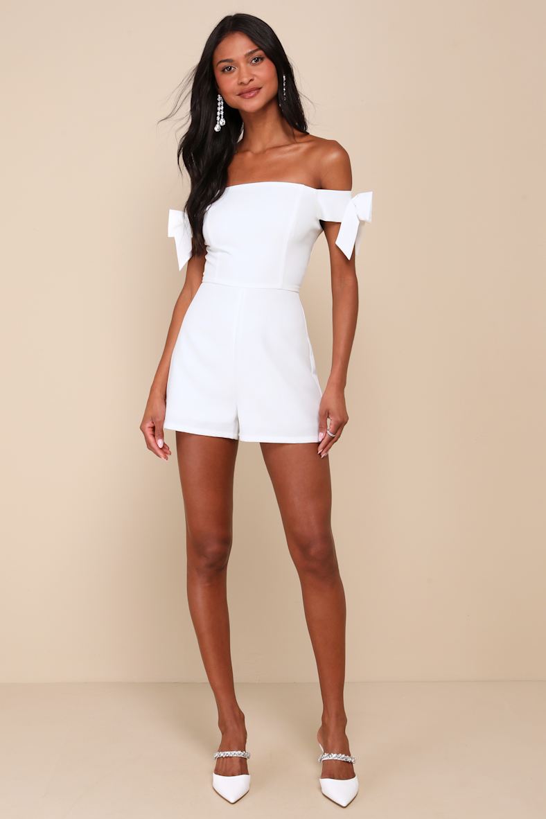 Ideally Sweet White Off-the-Shoulder Bow Romper