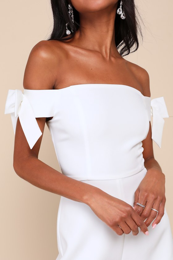 Lulus Ideally Sweet White Off-the-shoulder Bow Romper In White