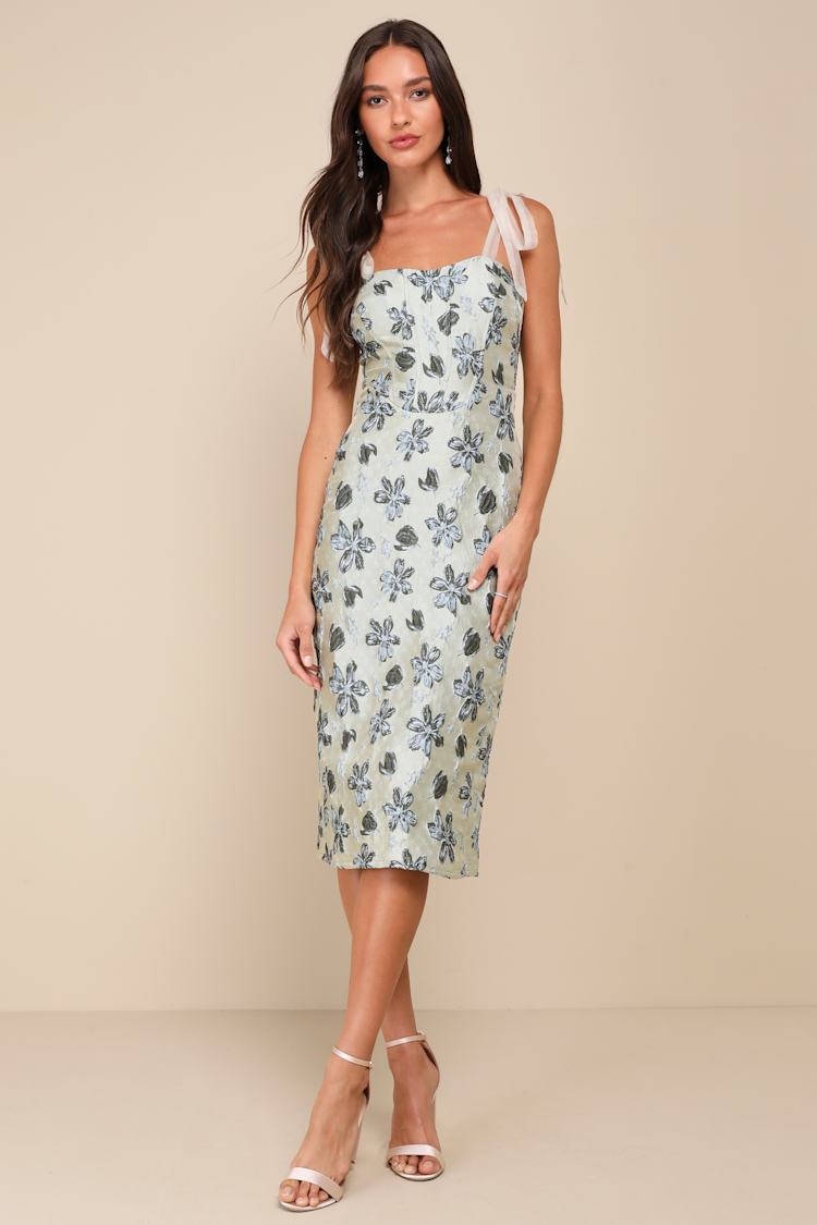 Lovely Darling Sage Green Floral Jacquard Tie-Strap Midi Dress