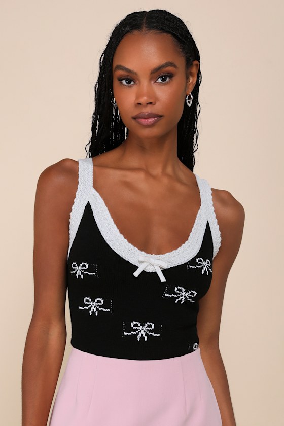 Lulus On The Bow Black And Ivory Bow Sweater Knit Tank Top In Black And Ivory
