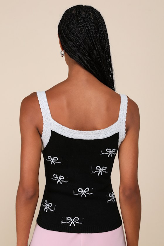Lulus On The Bow Black And Ivory Bow Sweater Knit Tank Top In Black And Ivory
