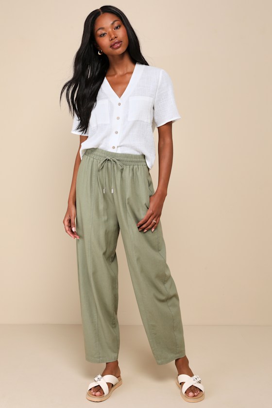Trending Cool Olive Green Linen Barrel Leg Drawstring Pants 1