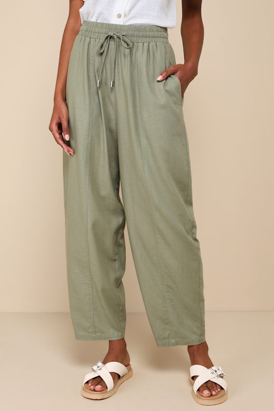 Trending Cool Olive Green Linen Barrel Leg Drawstring Pants 2