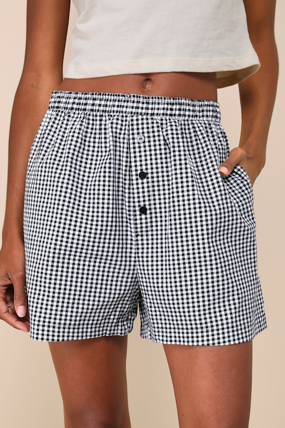LULUS COMFY SEASON BLACK AND WHITE GINGHAM BOXER SHORTS