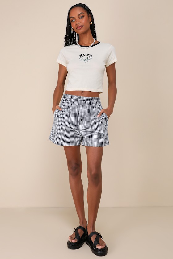 LULUS COMFY SEASON BLACK AND WHITE GINGHAM BOXER SHORTS