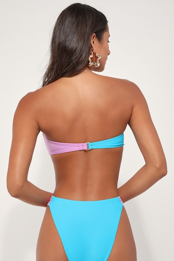 LULUS PARADISE AWAITS LAVENDER AND TEAL COLOR BLOCK BIKINI TOP
