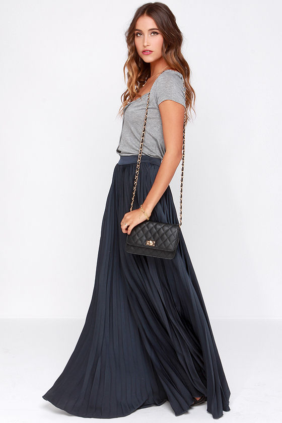 black top with navy blue skirt