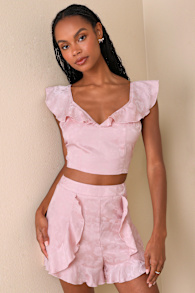 Exemplary Cutie Light Pink Satin Jacquard Ruffled Shorts 4